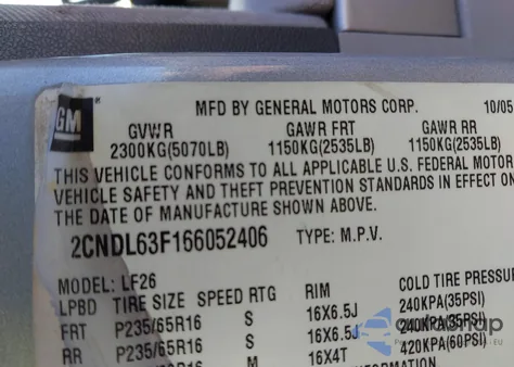 2006 Chevrolet Equinox Lt z USA, uszkodzony, nr VIN 2CNDL63F166052406